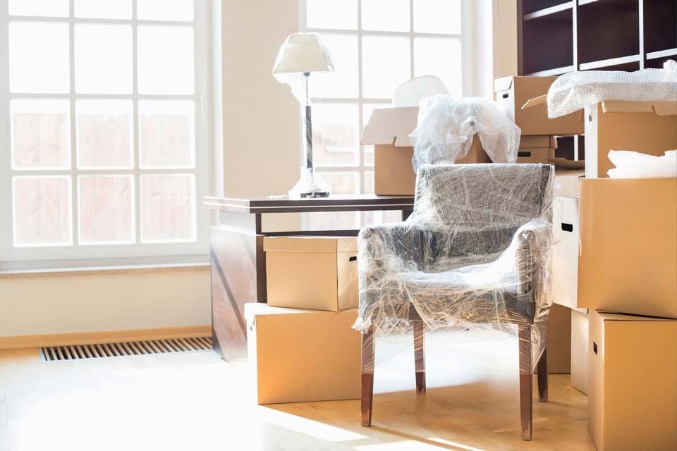 Moving boxes sunny room